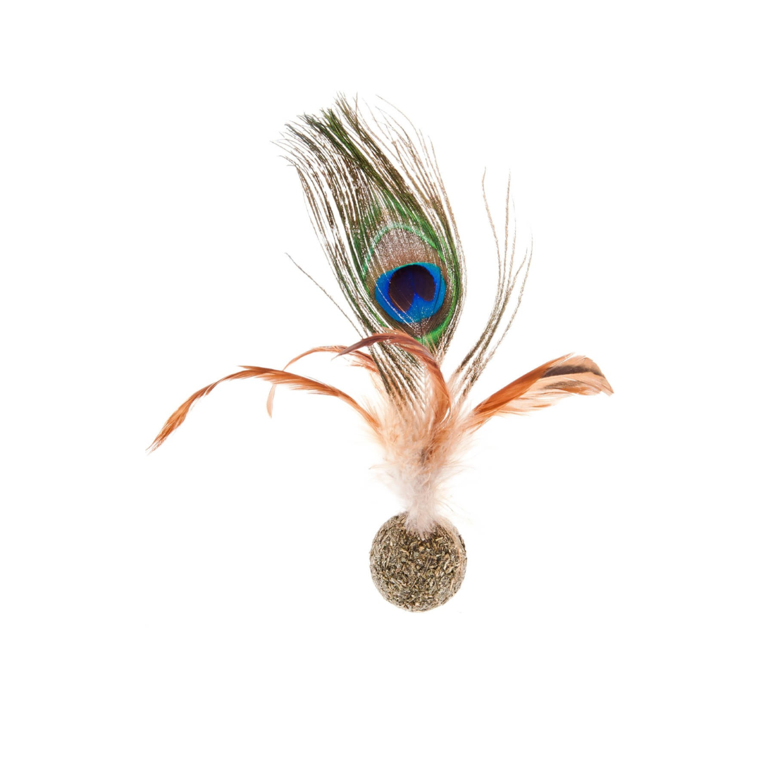 Juguete para Gato Pelota de Hierba Gatera con Plumas Pavo Real